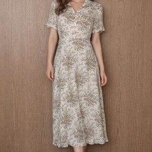Cream Floral Midi/Maxi Cottagecore Prairie Dress Medium Missing Belt